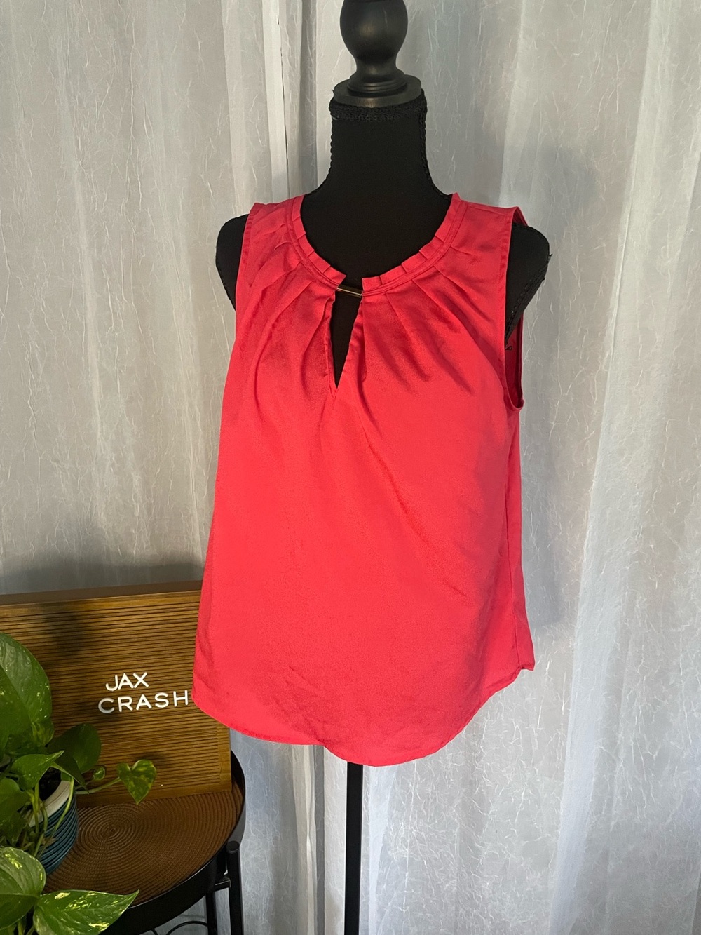 New York & Company Coral Sleeveless Pleated Neck Keyhole Top